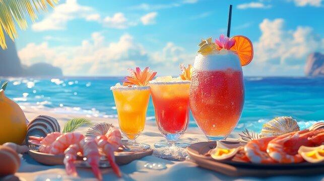 An afternoon at a beach cafÃ© with colorful cocktails and seafood platters, vibrant and lively, ultra-detailed, 4k - Powered by Adobe