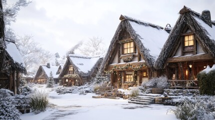 Snow covered cottages in a quaint winter village setting