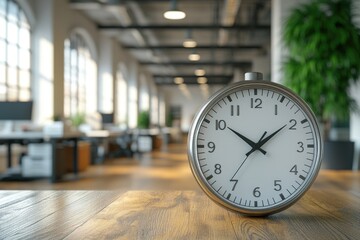 A clock sits atop a wooden table, providing a sense of simplicity and elegance