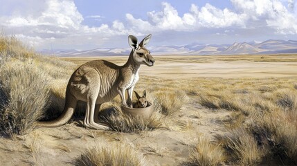 Naklejka premium A mother kangaroo with her joey peeking out of her pouch in the open plains.