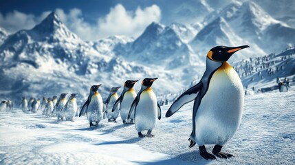 Obraz premium A pack of penguins following each other across a snowy plain.