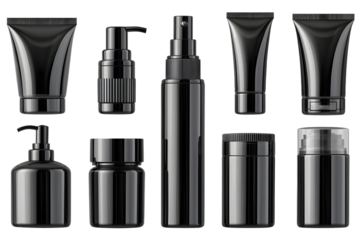 Set of black cosmetic bottles on white or transparent background, mockup template.