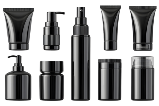 Set of black cosmetic bottles on white or transparent background, mockup template.