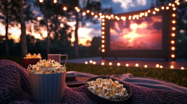 An outdoor movie night with string lights, popcorn, and cozy blankets, casual and fun, ultra-detailed, 8k