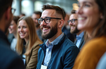 Happy people listen to startup business owner at trade show. Exhibition event with audience laughing. Seminar, presentation, crowd, convention, conference. Company employees show, fair congress.