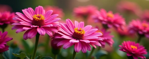Obraz premium Vibrant pink mums in full bloom with autumn leaves, mums, pink