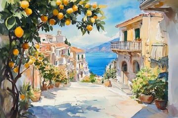 Sunlit Coastal Street with Lemon Trees and Vibrant Houses Near the Ocean