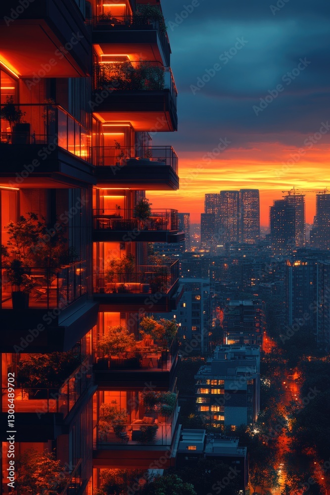 Poster a view of the city skyline at night from a high-rise building, great for use in travel or architectu
