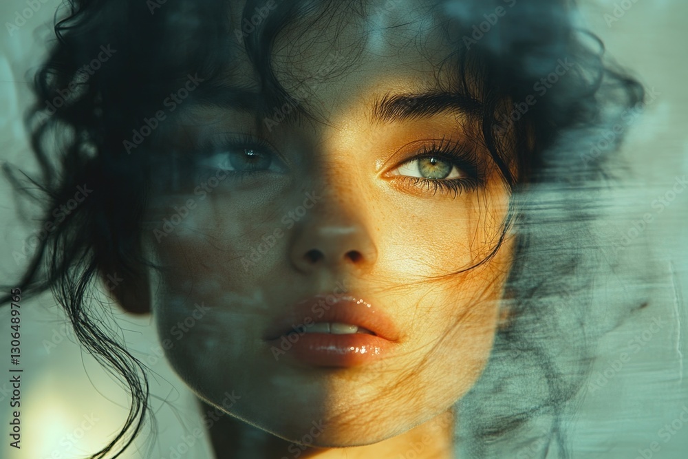 Poster a close-up shot of a woman's face with a blurred background, ideal for use in portraits or as a focu