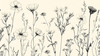 with hand-drawn wildflowers in monochrome line art on a beige background elegant and minimalistic high quality 