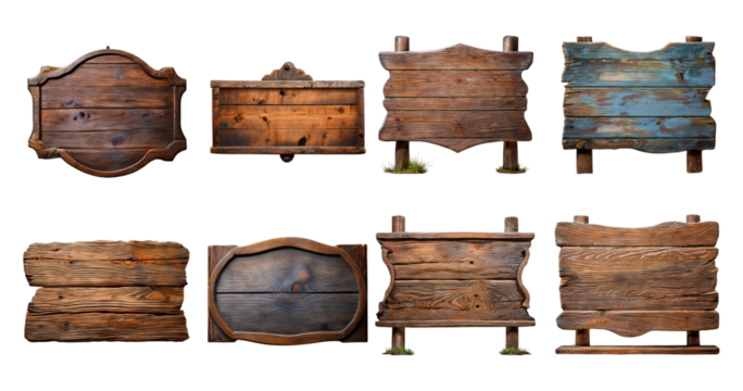 Collection of Vintage Wooden Signs for Rustic Decor and Design, PNG bundle collection, Isolated on Transparent Background