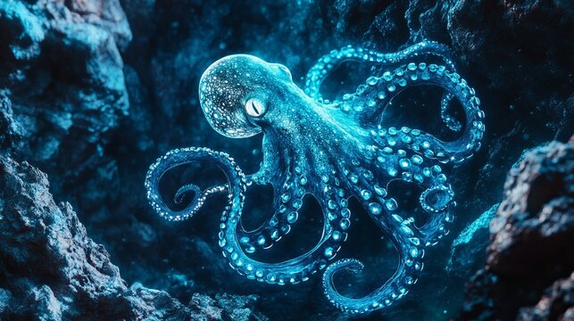 Ancient glowing octopus swimming through enchanted ocean trench, bioluminescent tendrils trailing behind, peaceful and majestic, fantasy art, ultra-detailed, 8k