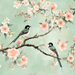 Fototapeta premium Delicate pastel pink and white cherry blossom branches with two birds perched on a light mint green background.