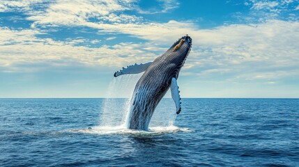 Fototapeta premium Humpback whale breaching the oceans surface, water spraying into the air.
