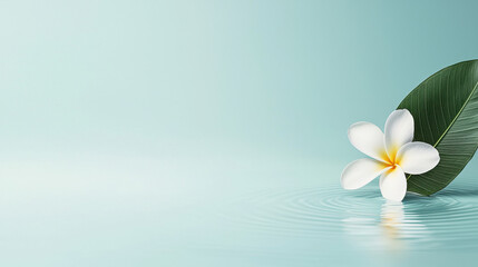 Naklejka premium A serene white flower with yellow center rests on green leaf, creating tranquil scene on calm water surface
