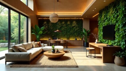Fototapeta premium Modern living room design featuring a neutral palette, plush sectional sofa, and a stunning living wall