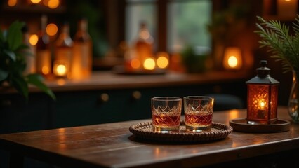 Fototapeta premium Two glasses of amber liquid rest on a wooden tray, illuminated by soft candlelight in a dimly lit room. The background subtly shows blurred bottles and warm lighting.