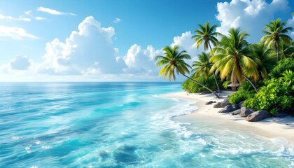 Tropical paradise, pristine beach, crystal clear turquoise water, lush palm trees