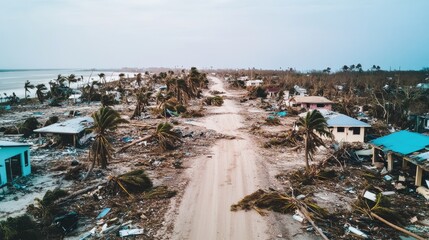 Aerial view of coastal town after hurricane, with uprooted trees, destroyed homes, and debris scattered across the beach, capturing the devastating aftermath of the storm.