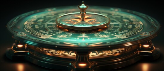 Intricate vintage roulette wheel with glowing accents, set against a dark, moody background