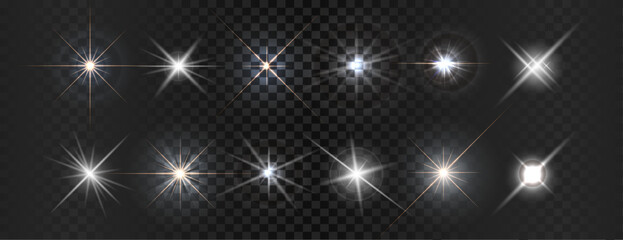 Collection of different light effects, Realistic flares, Creative vector illustration of light effect, ray, Flash, Glowing effects, lens, bright, Vector shimmering elements, Sparkle glares