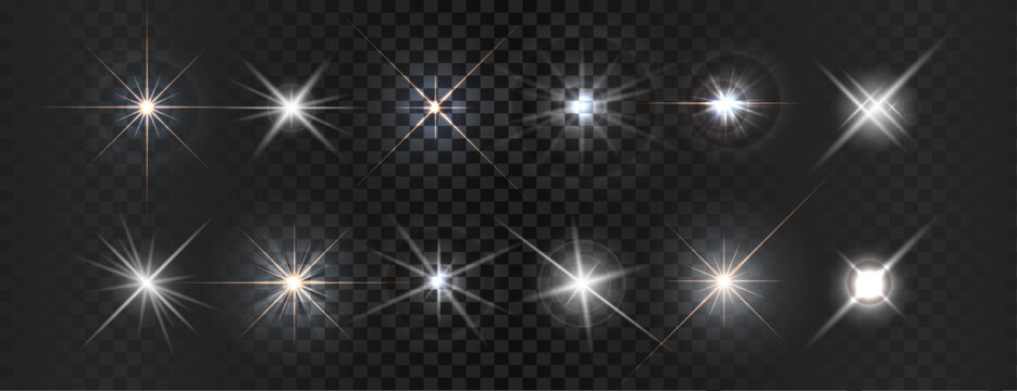 Collection of different light effects, Realistic flares, Creative vector illustration of light effect, ray, Flash, Glowing effects, lens, bright, Vector shimmering elements, Sparkle glares