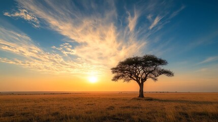 an open plain with a single ancient tree, contrasted against a backdrop of a dramatic sunset and wispy clouds