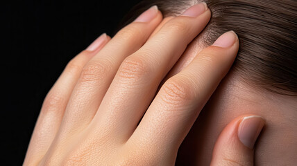 Close-up of a hand gently touching hair against a dark background, 3D render.