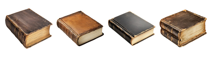 Obraz premium Antique Leather Bound Books Collection on White Background, Isolated on Transparent Background