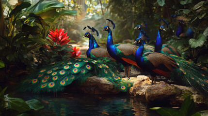 Fototapeta premium A flock of peacocks roaming freely in a botanical garden, their feathers adding vibrant splashes of color to the scene