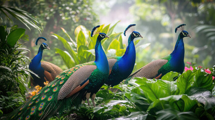 Obraz premium A flock of peacocks roaming freely in a botanical garden, their feathers adding vibrant splashes of color to the scene