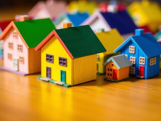 Colorful miniature houses displayed on wooden surface under magnifying glass, vibrant, surface