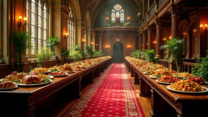 A Grand Banquet Hall Features Extensive Buffets Loaded with a Lavish Array of Culinary Delights on Ornate Wooden Tables