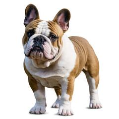 Obraz premium Brown and white bulldog stands looking forward. Dog has short legs, big head and a wrinkled face. Transparent, png, isolated.