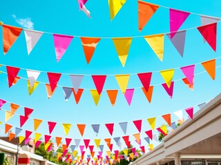 Colorful bunting flags and decorations adorning a summer street festival with a clear blue sky, vibrant, colorful bunting flags