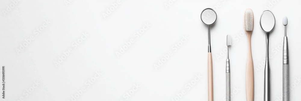 Poster clean arrangement of dental tools including mirror, scaler, and probe on soft white background gener