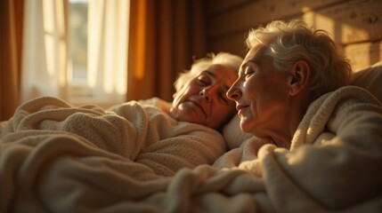 Tender moment of elderly couple cuddling in bed with warm sunlight