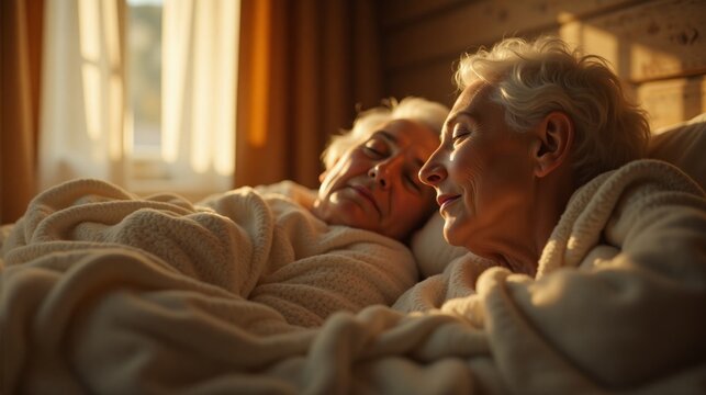 Tender moment of elderly couple cuddling in bed with warm sunlight - Powered by Adobe