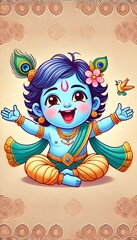Fototapeta premium Little Krishna’s Joy: excitedly eating and enjoying Makhan, butter, food