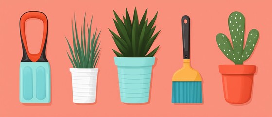 Spring cleaning, essential tools for organizing displayed neatly, flat design illustration
