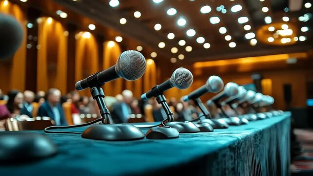 Engaging panel discussion on important topics at a conference with multiple microphones setup
