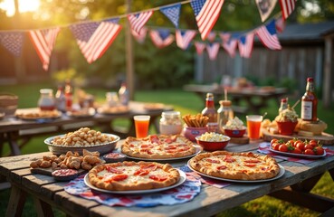 Festive backyard barbecue setup featuring pizza and snacks. American flags bunting. Celebrating 4th of July Independence Day with food, drinks, party on picnic table at lawn.