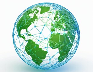 Stylized digital globe logo, featuring interconnected lines and dots to symbolize global connectivity and advanced technology, in cybernetic blue and digital green colors, white background