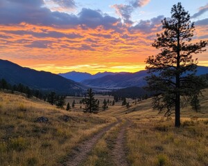 Stunning sunset over majestic mountain range with vibrant hues and soft clouds at dusk