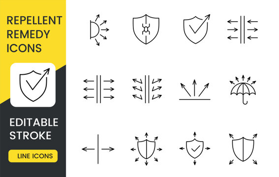 A set of repellent remedy icons, featuring shields, arrows, and protective barriers, representing defense, protection, and prevention against external threats like parasites, with an editable stroke.