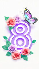 The voluminous purple and white number 8, decorated with pink and lilac roses and a rainbow butterfly on a white background, symbolizes the International Womens Day holiday.