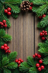 Ornate evergreen branches with red berries and pine cones on a rustic wood background, natural background, rustic