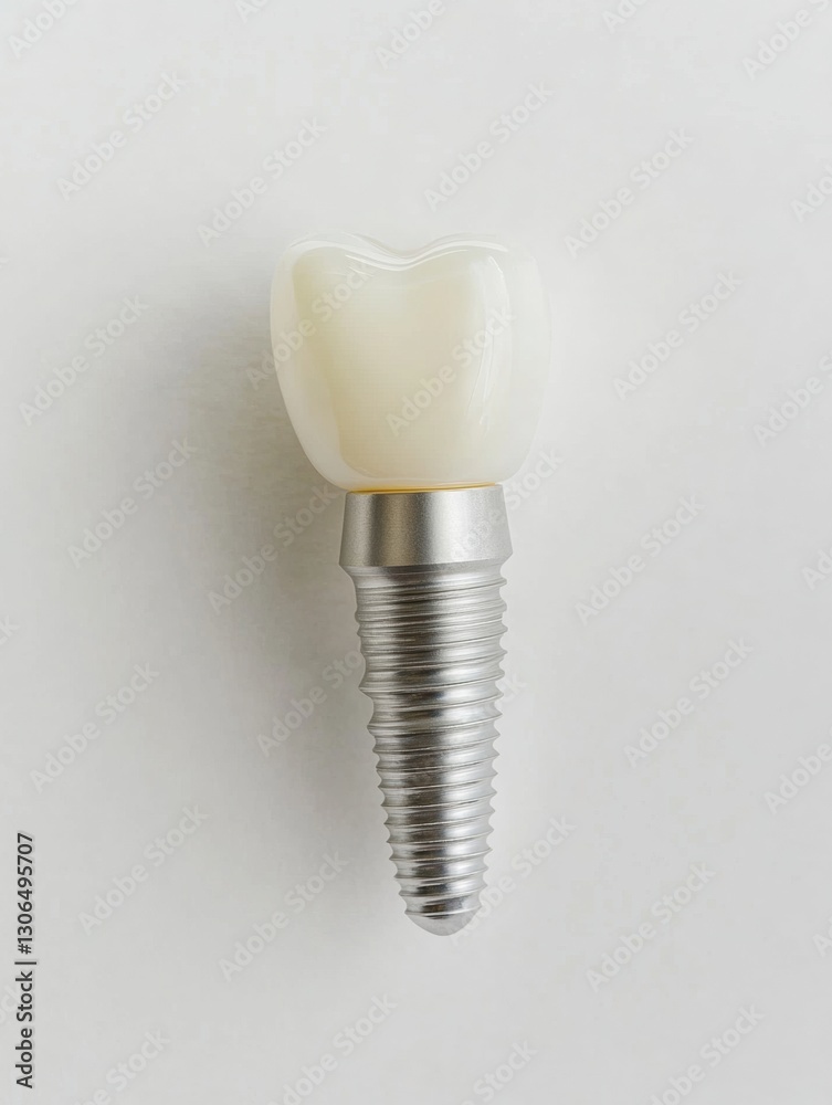 Poster high quality dental implant showcasing metal texture details on a smooth white background with space