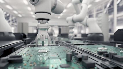 Concept future. High Precision Robot Arms. Bright Electronics Factory. Fully Automated Modern PCB Assembly Line. Component Installation circuit Board. Electronic Devices Production Industry. 3d render