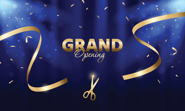 Luxury grand opening blue background with cutting gold ribbon ceremony. Modern elegant promotional design.